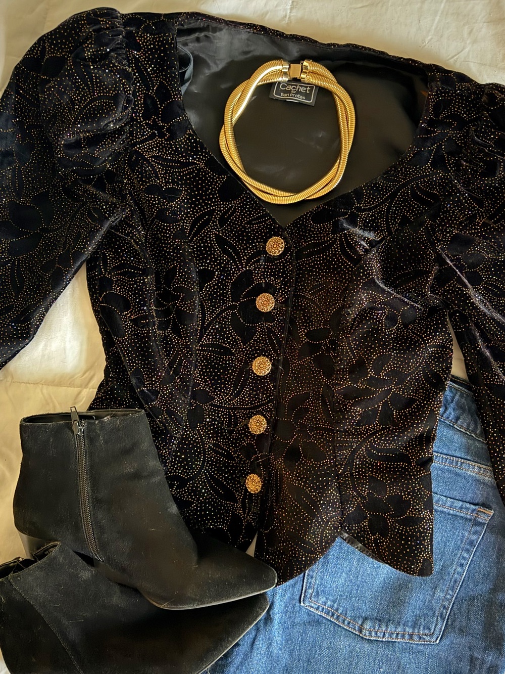 🖤 Vintage Cachet Black Velvet Sparkle Blazer Statement Evening Jacket